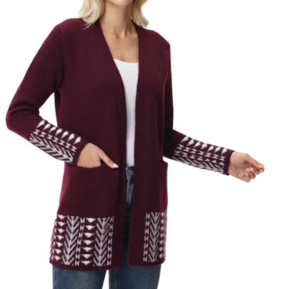 FRYE The Cozy Cardigan with Border Pattern Open Front Size L Burgundy Maroon